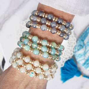 Glass Beaded Bracelet Stack with Worn Gold Accents – Green, Cream, or Gray