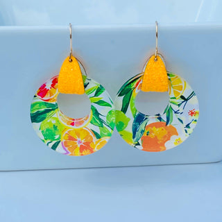 Citrus Lemon Print Stirrup Hoop Earrings 
