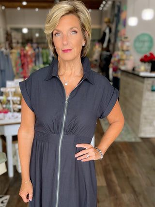 Timeless Grace Midi Dress in Charcoal Navy