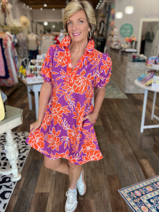 Sunset Bloom Puff Sleeve Dress