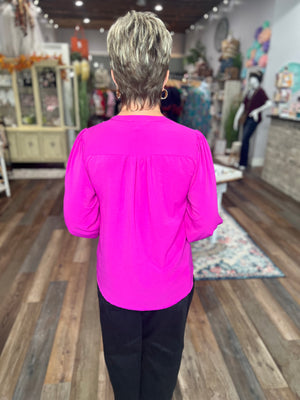Magenta Smocked Sleeve Pleated Blouse