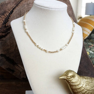 Short Dainty Necklace - Pearls and Ball Beads in Gold Tone