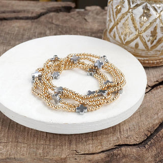 Crosslight Cascade – 5-Piece Gold Bead & Silver Cross Station Bracelet Set