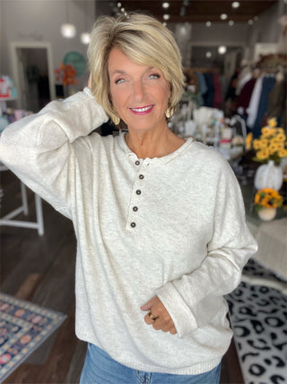 Easy Living Henley Sweater in Oatmeal or Deep Brown