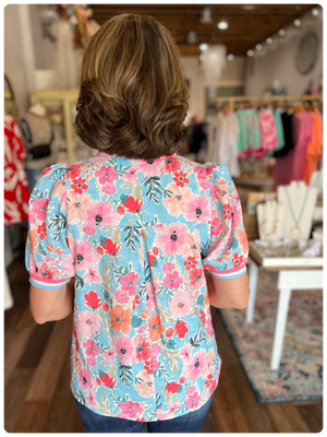 Floral High-Collar Split Neck Blouse