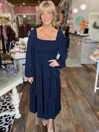 The Eleanor Smocked Midi Dress — Dark Navy