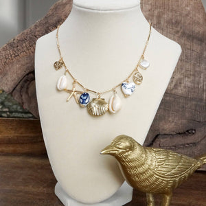 Multi-Charm Chinoiserie & Shell Locket Necklace – Blue & Gold
