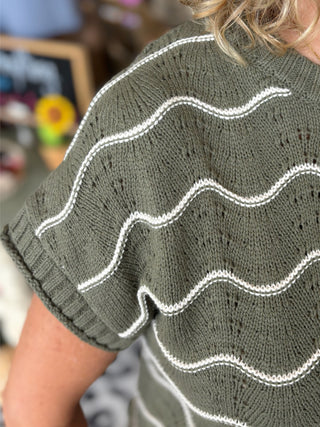 Olive Scalloped Stripe Sweater Top