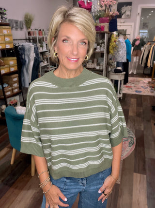 Striped Half Sleeve Knit Sweater in Olive or Pumpkin