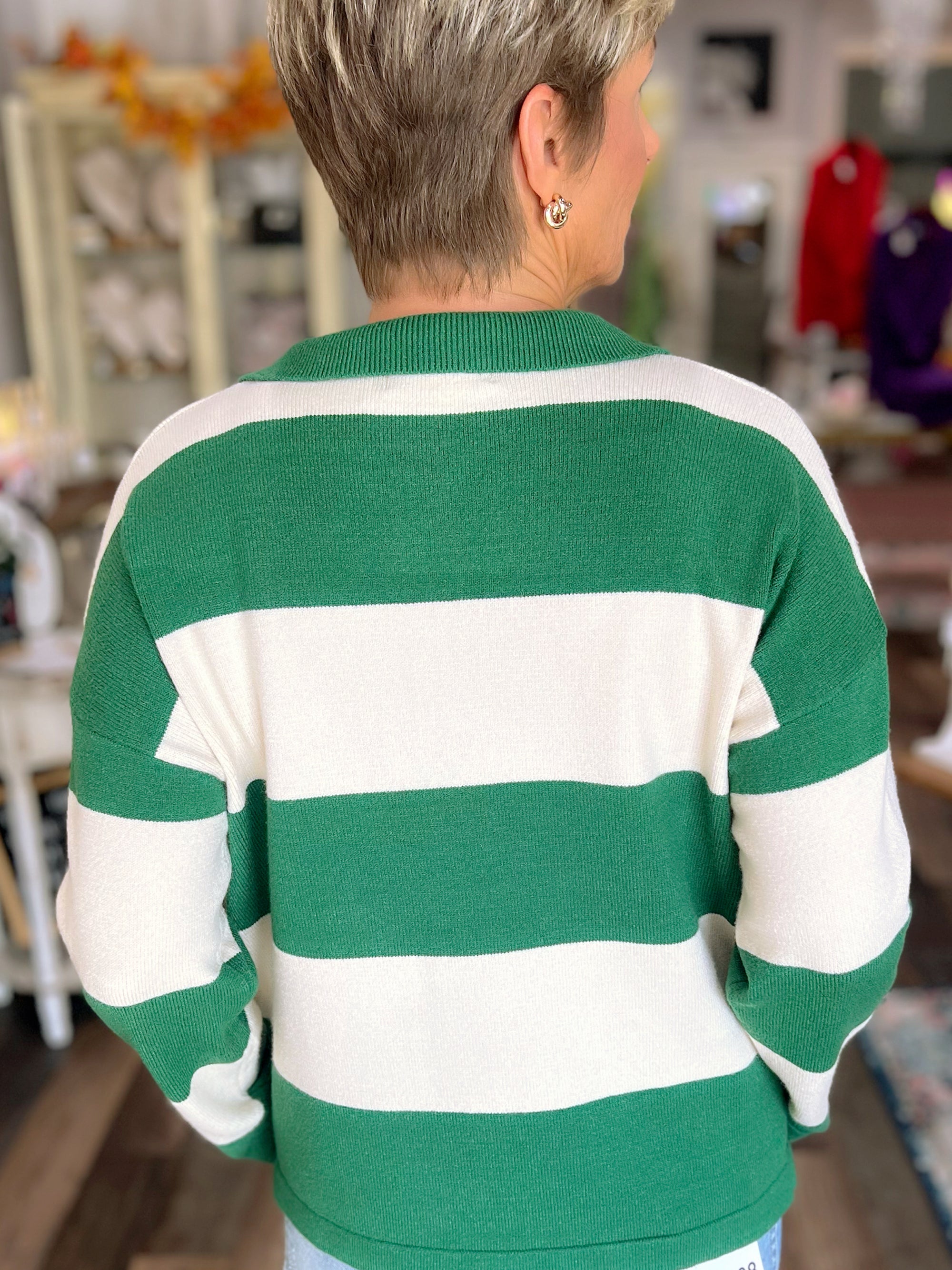 Striped Polo Collar Sweater – Green & Cream