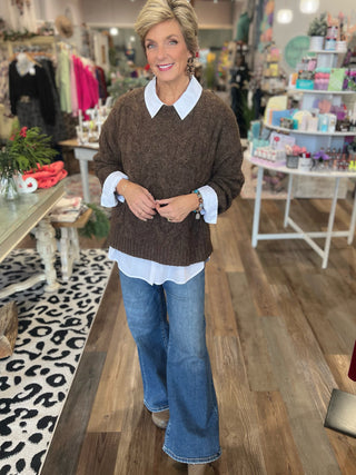 Warm & Fuzzy Cable Sweater --Available in Denim Blue + Brown