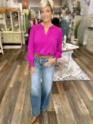 Magenta Smocked Sleeve Pleated Blouse