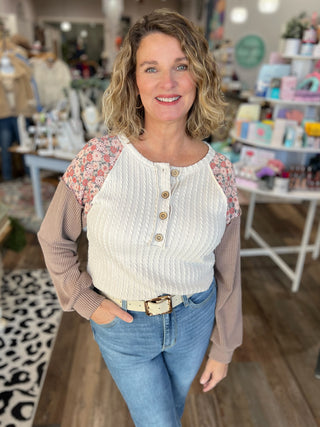 Floral Contrast Button Top – Long Sleeve Ribbed Henley