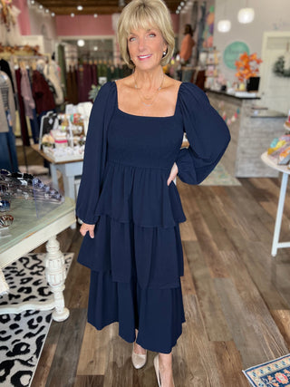 The Eleanor Smocked Midi Dress — Dark Navy