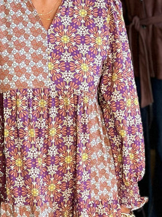 Mixed Print Tiered Midi Dress with Ruffled Neck