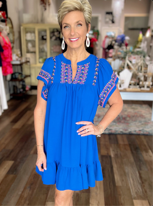 Embroidered Flutter Sleeve Babydoll Dress