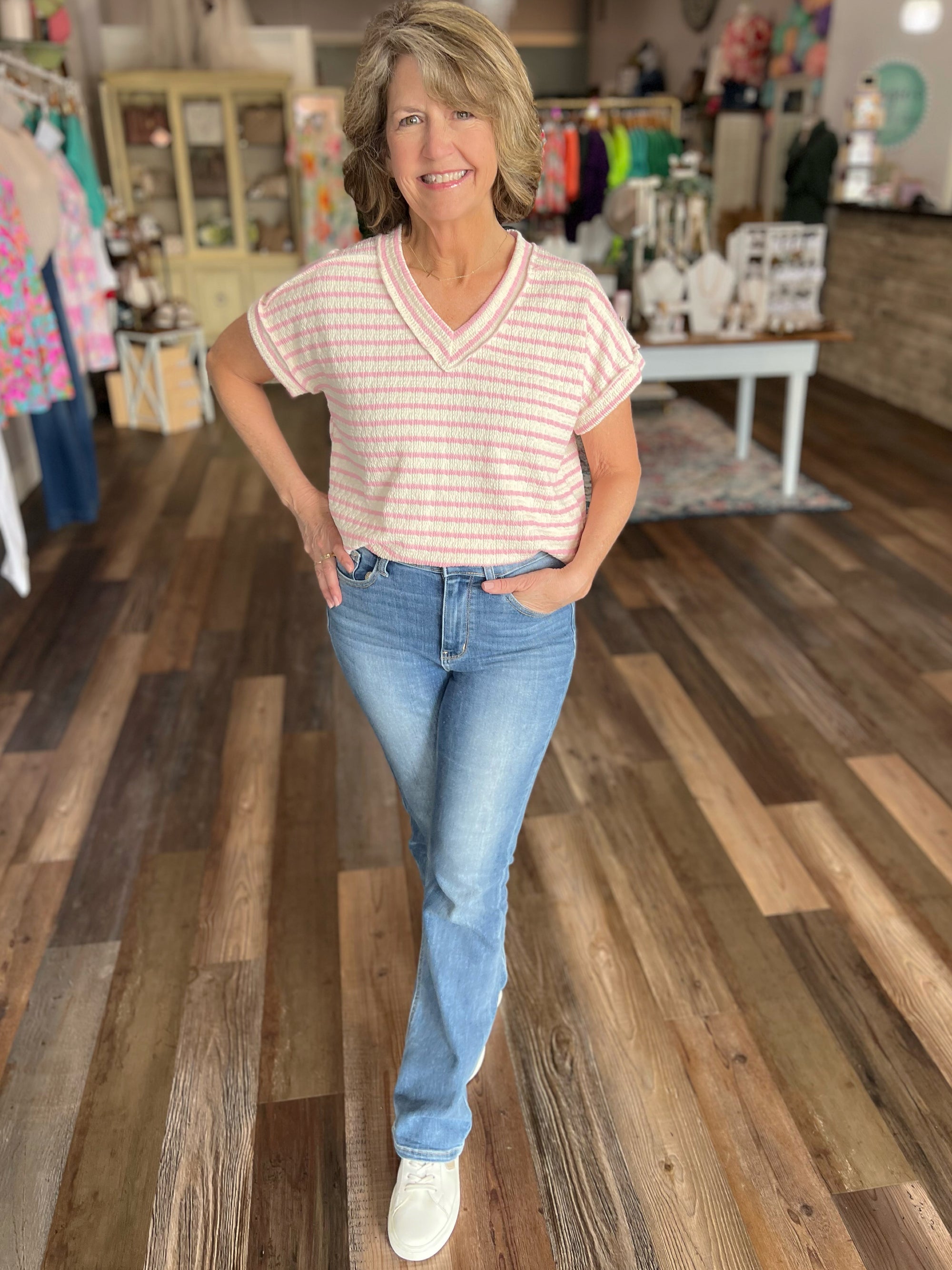 V-Neck Striped Jacquard Stripe Top in Pink and Off White