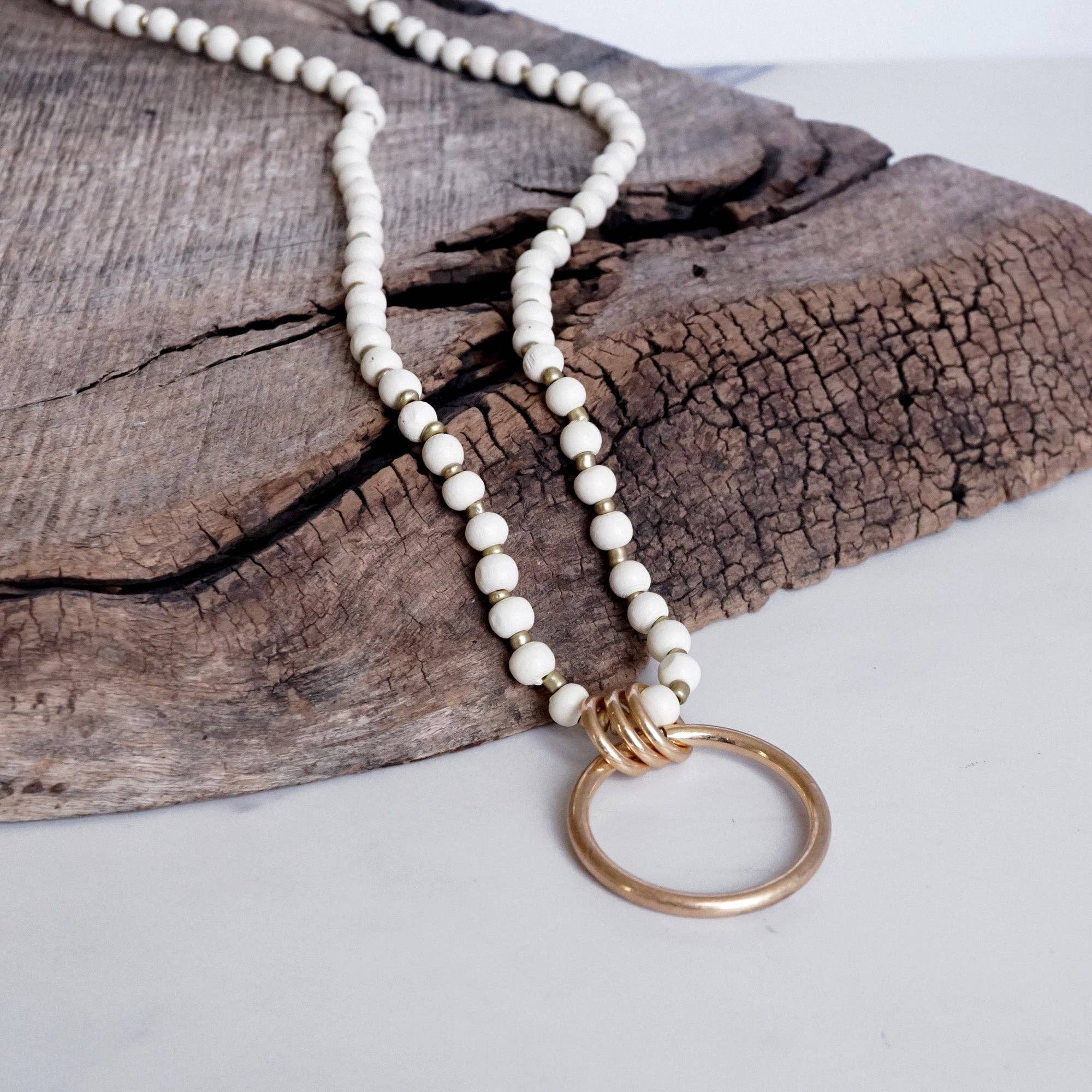 Long Wooden Bead Necklace with gold circle ring - Cream