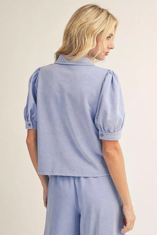 Washed Puff Sleeve Button Down Top