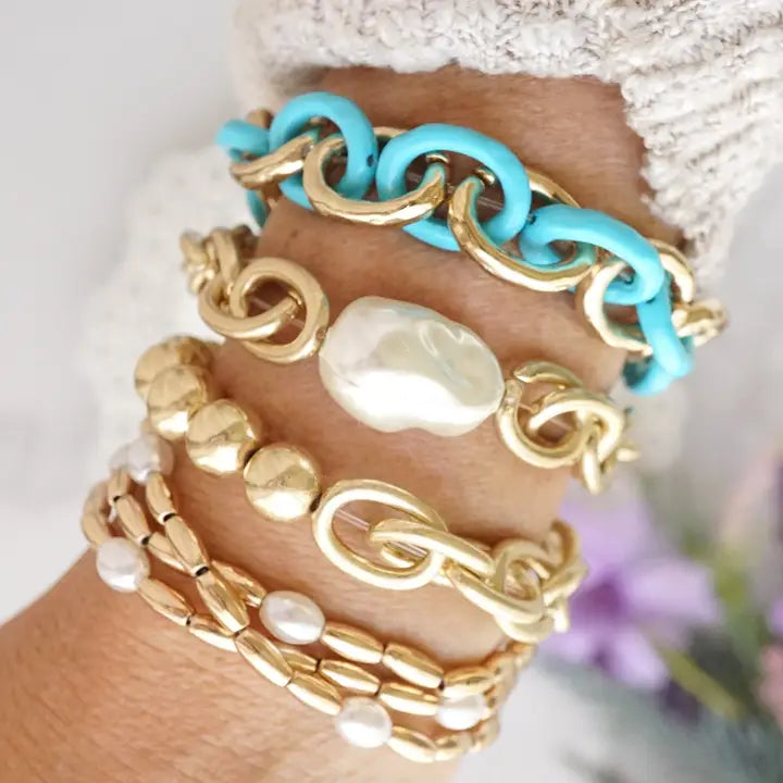 Beaded Bracelet Stack w/ Gold and Pearl Beads