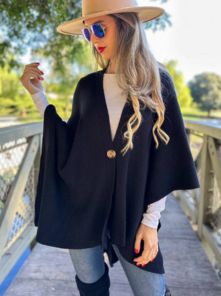Classic Black Ribbed Knit Ruana with Button