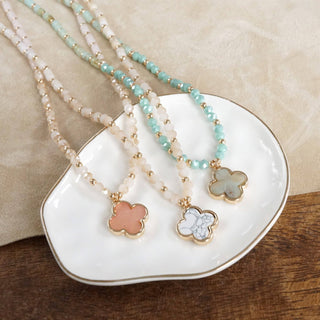 Short Beaded Clover Pendant Necklace with Semi-Precious Stone Beads