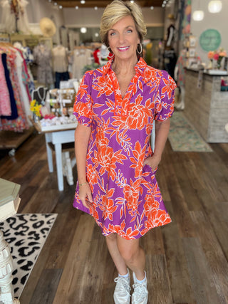 Sunset Bloom Puff Sleeve Dress