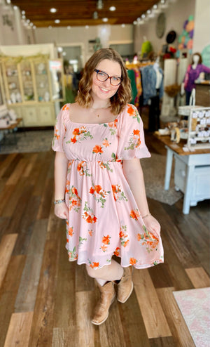 Peach Floral Print Dress