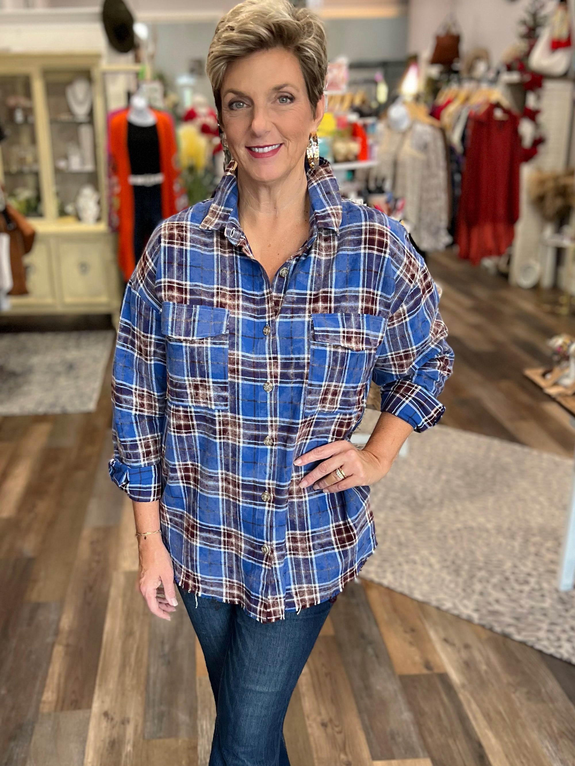 Ryann Bleached Plaid Button Up Top