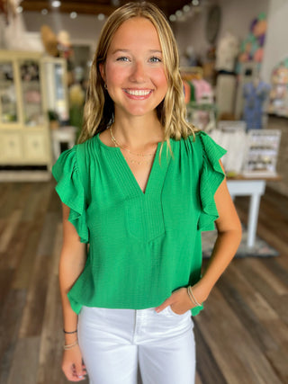Flutter Sleeve V-Neck Blouse in Green