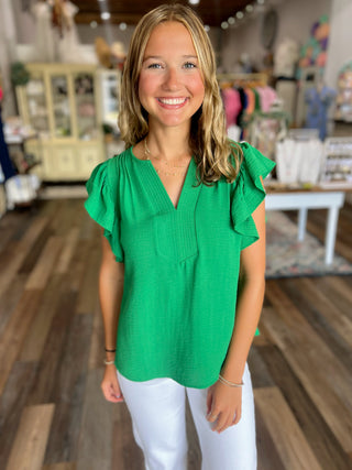 Flutter Sleeve V-Neck Blouse in Green