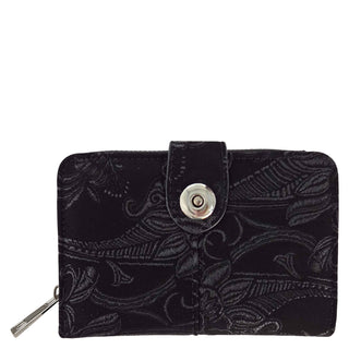 Black embossed wallet with a silver clasp on a white background