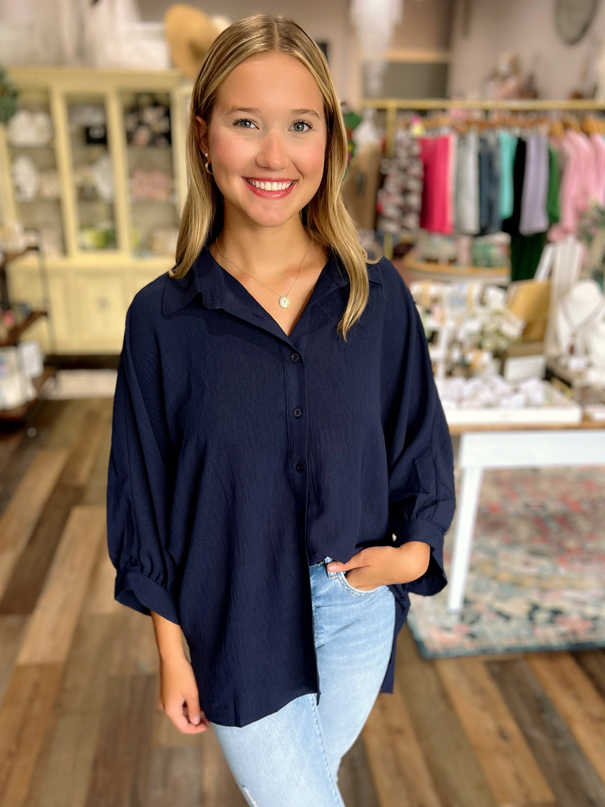 Sloan Button-Up Top in Chocolate or Navy