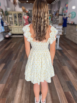 Yellow Floral Trellis Smocked Mini Dress