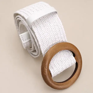 Rattan Stretch Waist Belt w/ Wooden Buckle