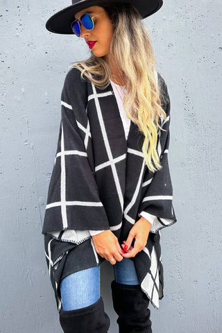 Black Grey Dual-Tone Check Printed Cozy Reversible Ruana