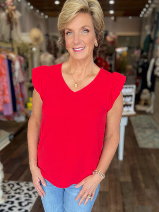Say it Louder  V Neck Ruffle Sleeve Top in Red
