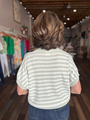 Sage Striped Short Sleeve Polo Sweater