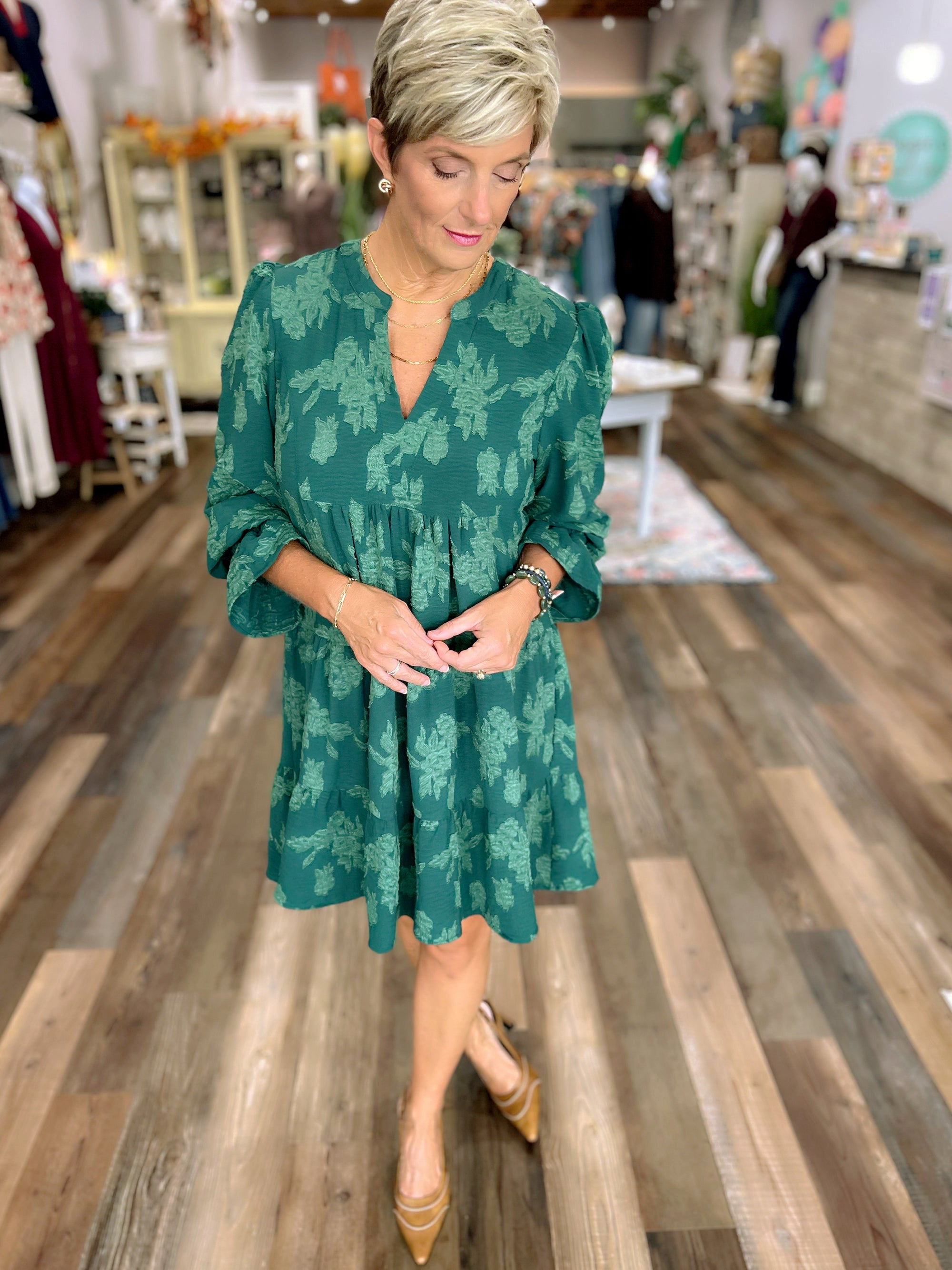 Jacquard Tiered Babydoll Dress – Hunter Green