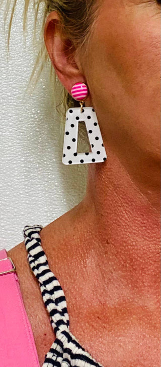 Fun Polka Dots With Pink and White Stripe Button Earrings