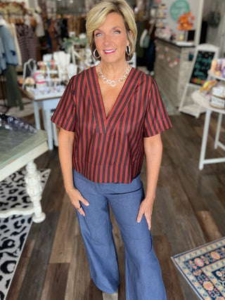 V-Neck Sienna and Brown Striped Blouse