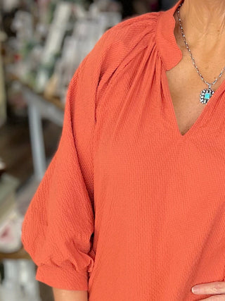 Autumn Grace Textured V-Neck Blouse in Rust in Curvy