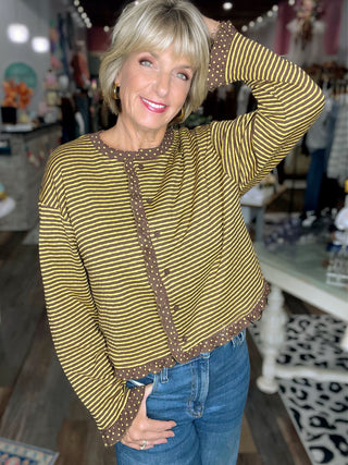 Polka Dot Trim Stripe Button-Up Cardigan