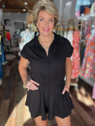 Quarter Zip Romper in Black - Butter Soft!