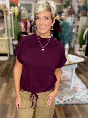 Plum Short Sleeve Drawstring Waist Blouse