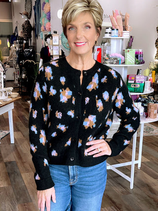 Abstract Floral Button Cardigan in Black