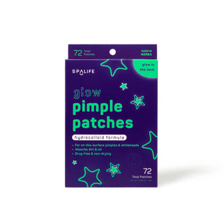 A box of SPALIFE Glow Pimple Patches on a plain white background. The packaging is dark purple with bright green text and star-shaped graphics, and a green 'glow in the dark' label.