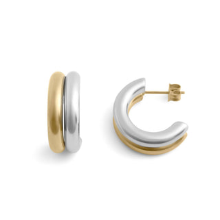 Gold and silver sided hoop earrings
