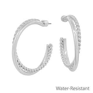 Gold hoop earrings on a white background with 'Water-Resistant' text.