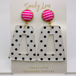 Fun Polka Dots With Pink and White Stripe Button Earrings